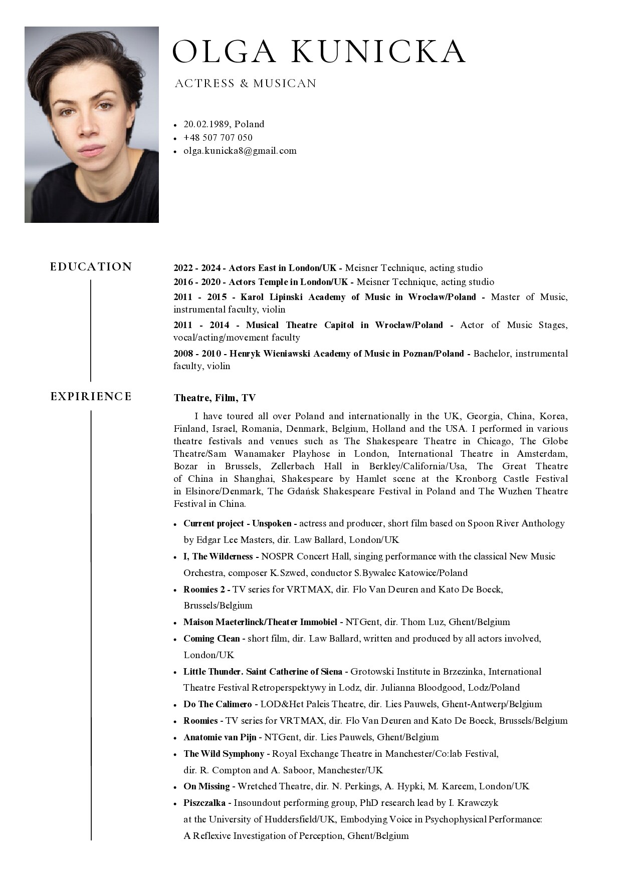 Olga Kunicka — CV page 1